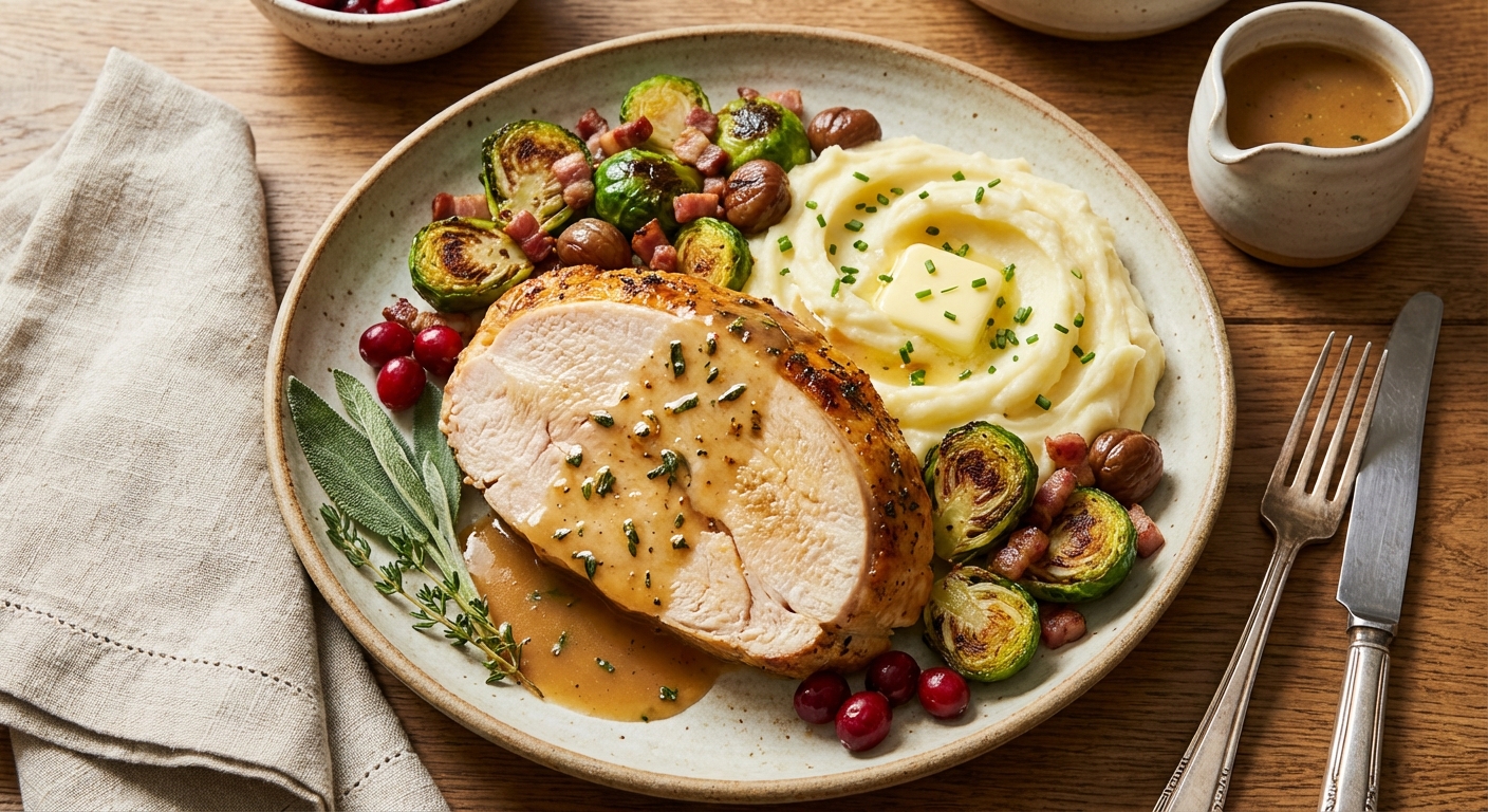 Roast Turkey Breast with Mashed Potatoes & Brussels Sprouts
