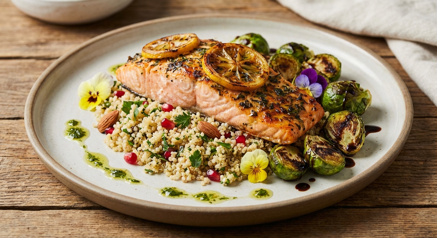 Baked Lemon-Herb Salmon, Quinoa & Roasted Brussels Sprouts