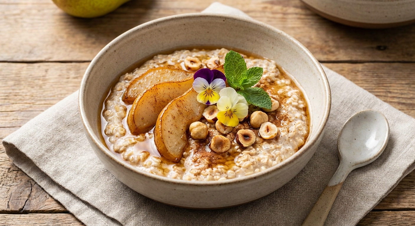 Pear‑Cinnamon Overnight Oats with Toasted Hazelnuts