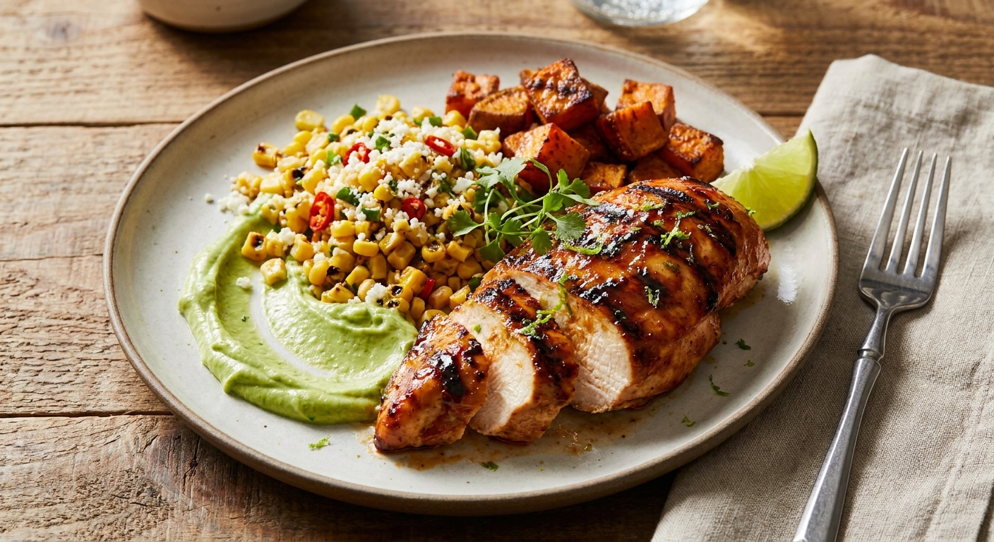 Citrus–Chipotle Grilled Chicken with Roasted Sweet Potato, Charred Corn & Avocado Crema
