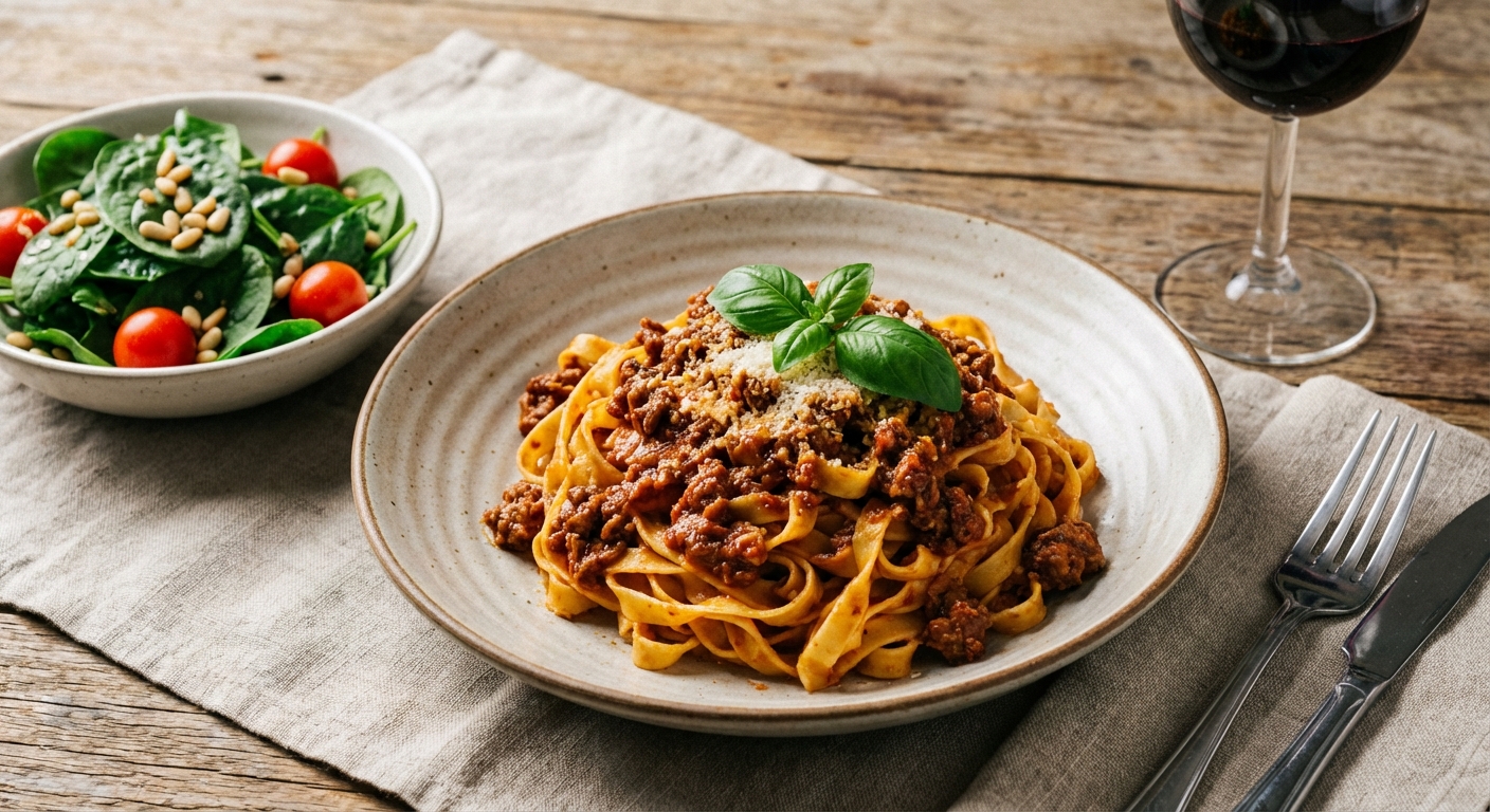 Tagliatelle Bolognese with Baby Spinach Salad