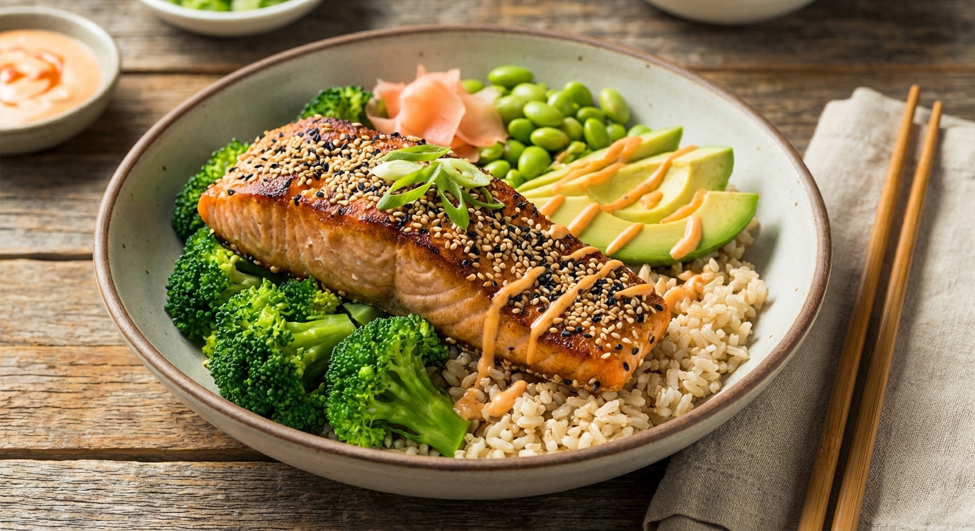 Sesame Salmon Bowl with Brown Rice & Steamed Broccoli