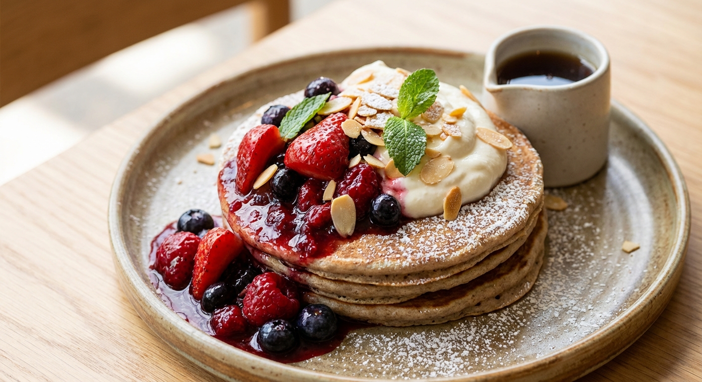 Buckwheat Pancakes with Berry Compote & Almond Yogurt