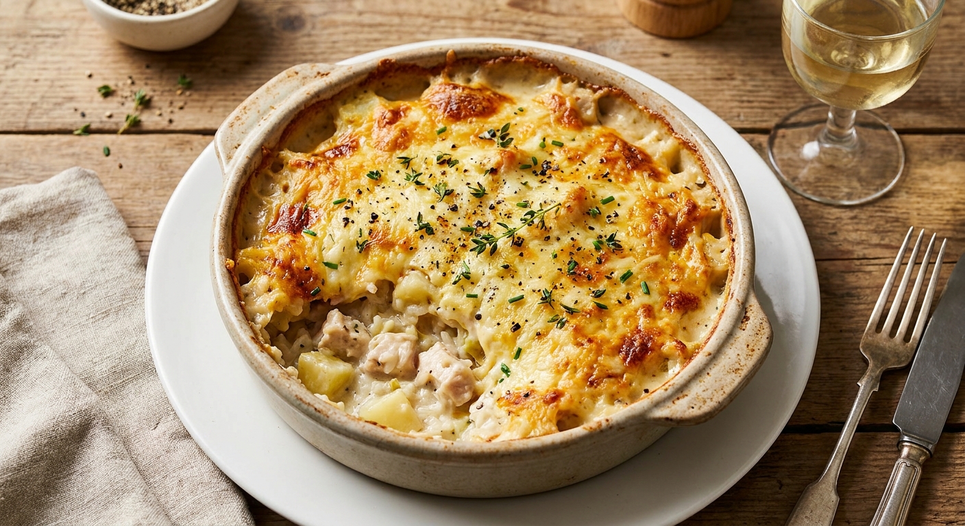 Creamy Cheesy Chicken, Rice & Potato Gratin