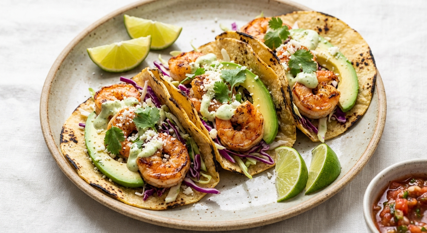 Shrimp Tacos with Avocado and Cabbage