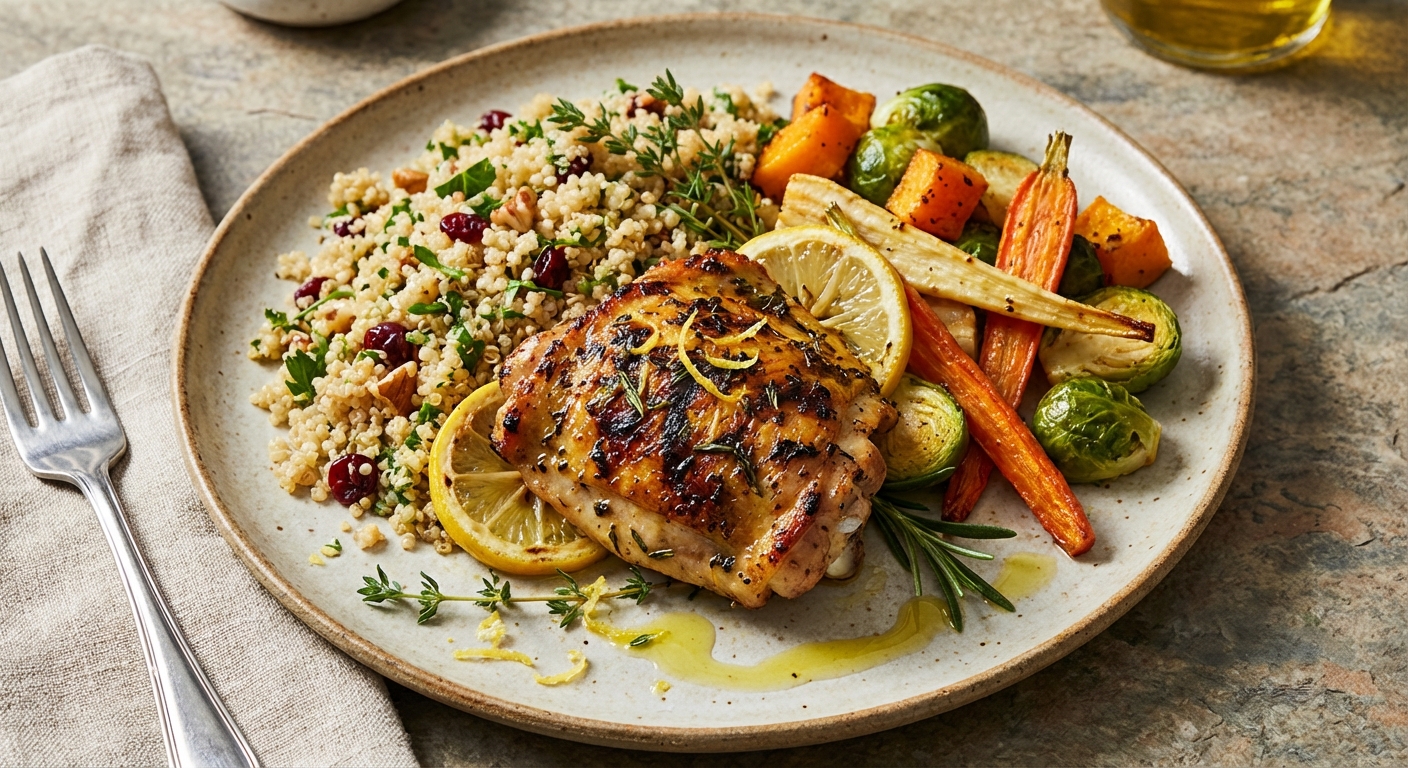 Grilled Lemon‑Herb Chicken Thighs with Warm Quinoa and Roasted Winter Vegetables