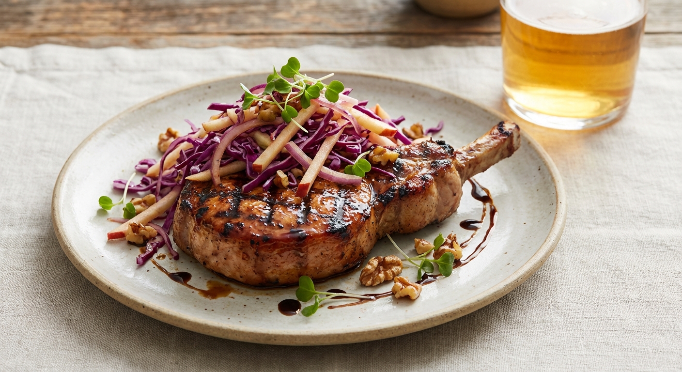 Grilled Pork Chops with Apple–Red Cabbage Slaw