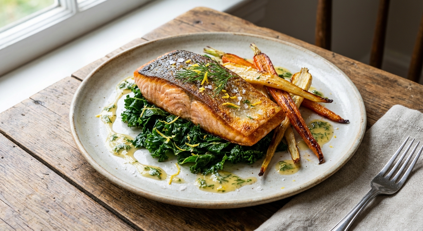 Pan-Seared Salmon with Garlic-Lemon Kale and Roasted Carrots & Parsnips - Delicious Homemade Recipe