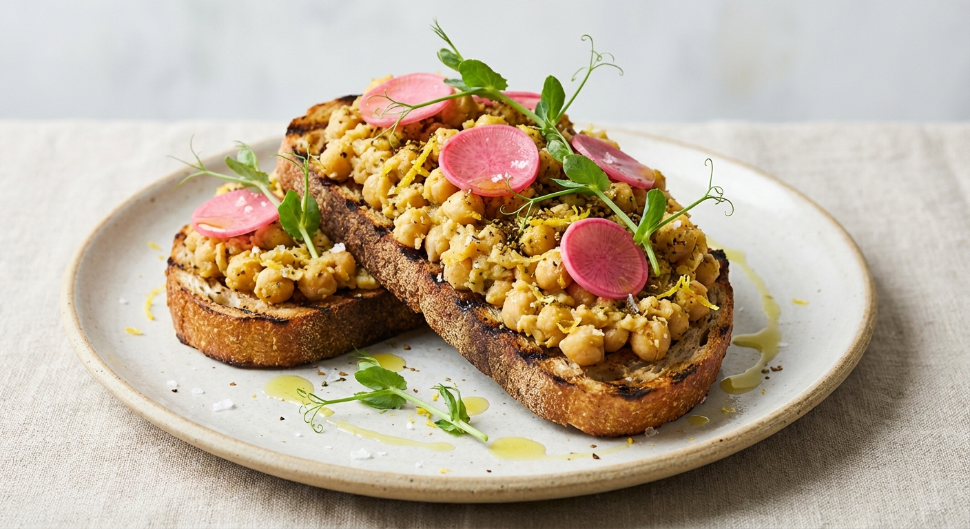 Warm Lemon–Za'atar Chickpea Smash on Rustic Sourdough Toast with Quick‑Pickled Radish & Pea Shoots