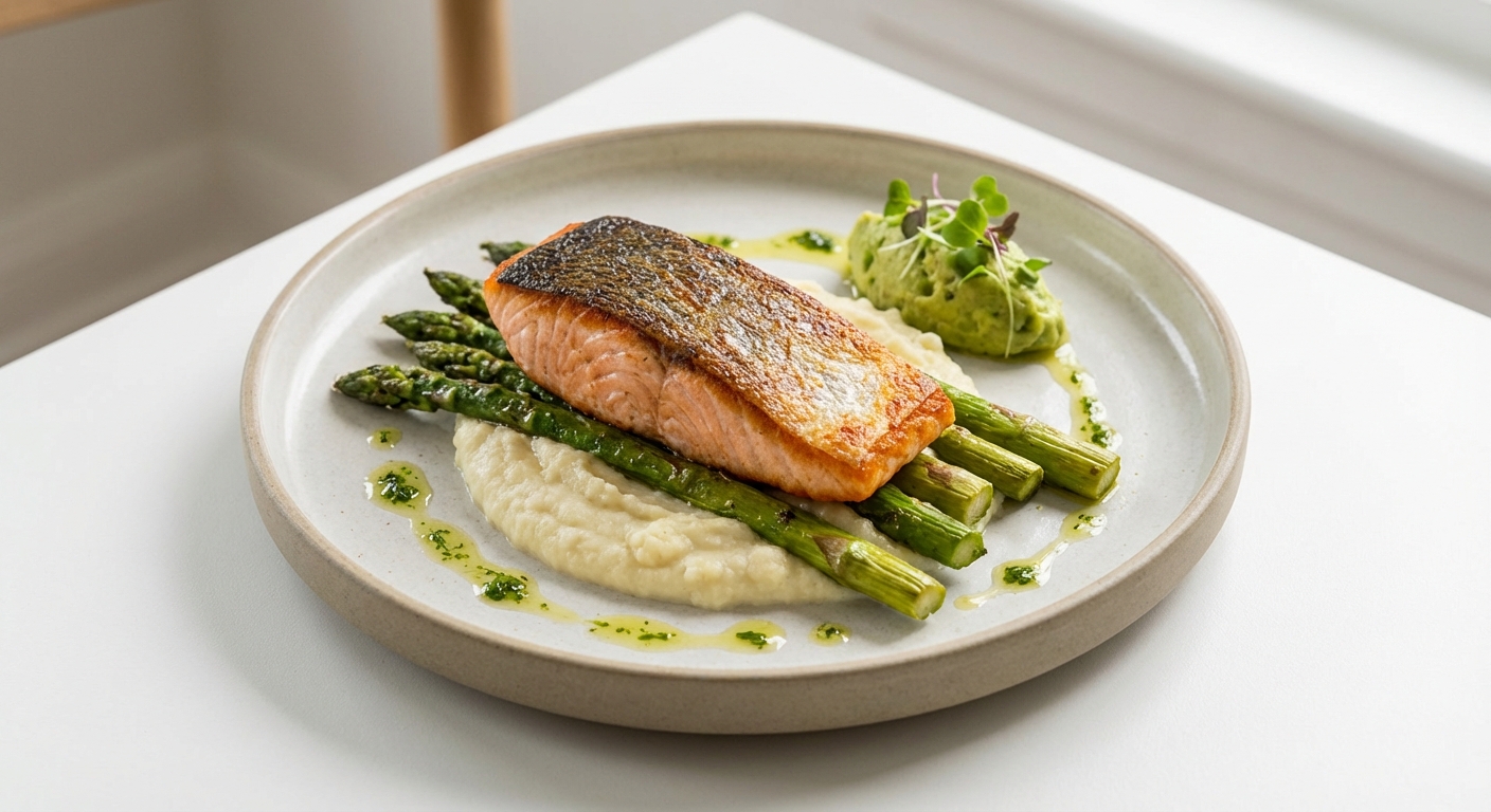 Pan-Seared Salmon with Cauliflower Mash & Garlic-Roasted Asparagus (with Avocado)