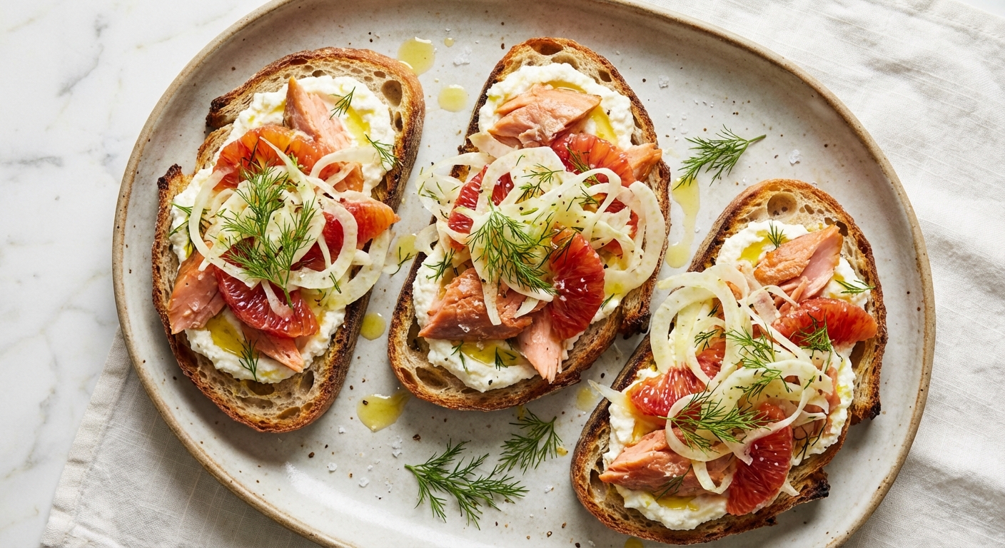 Smoked Trout & Lemon Ricotta Bruschetta with Shaved Fennel and Blood Orange
