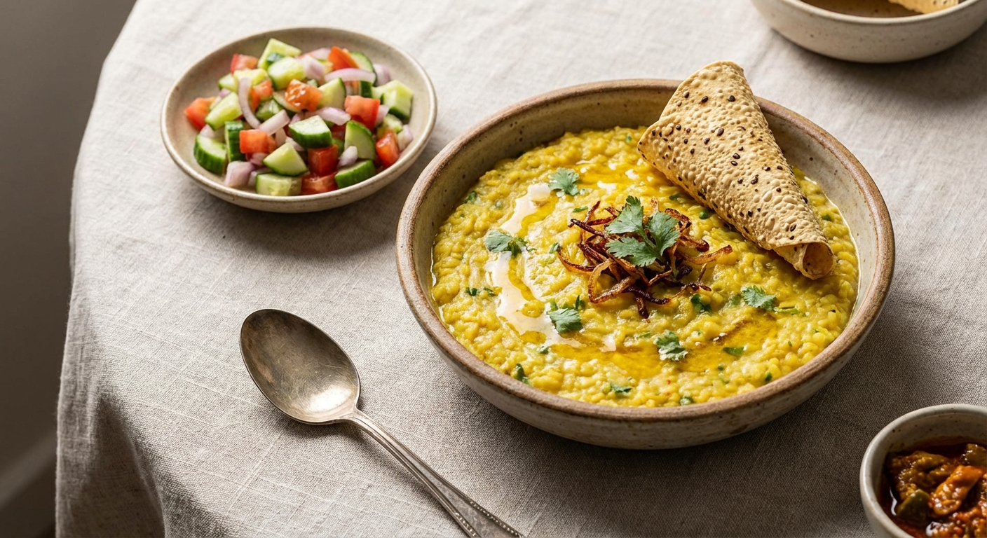 Moong Dal Khichdi with Roasted Papad and Simple Kachumber - Delicious Homemade Recipe