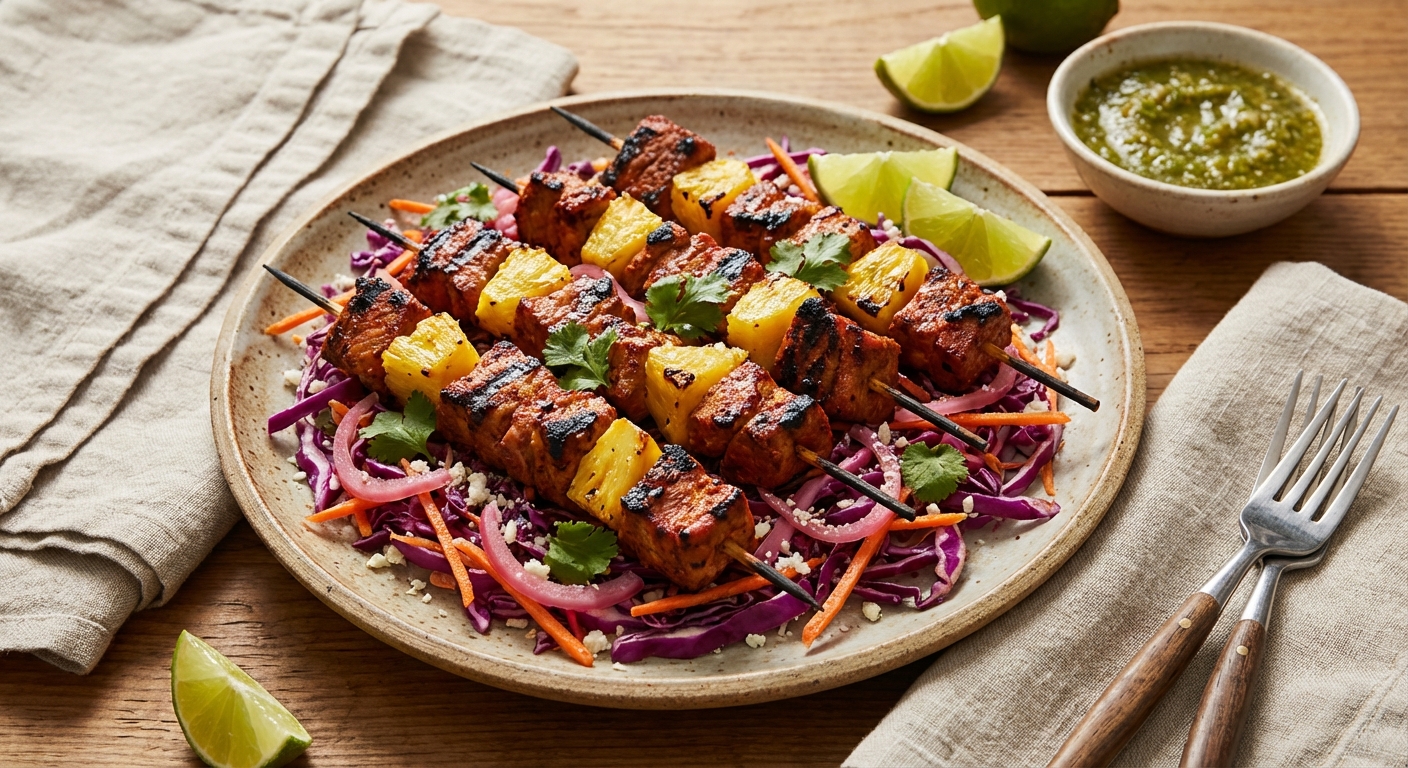 Grilled Pork Al Pastor Skewers with Charred Pineapple & Cabbage Slaw