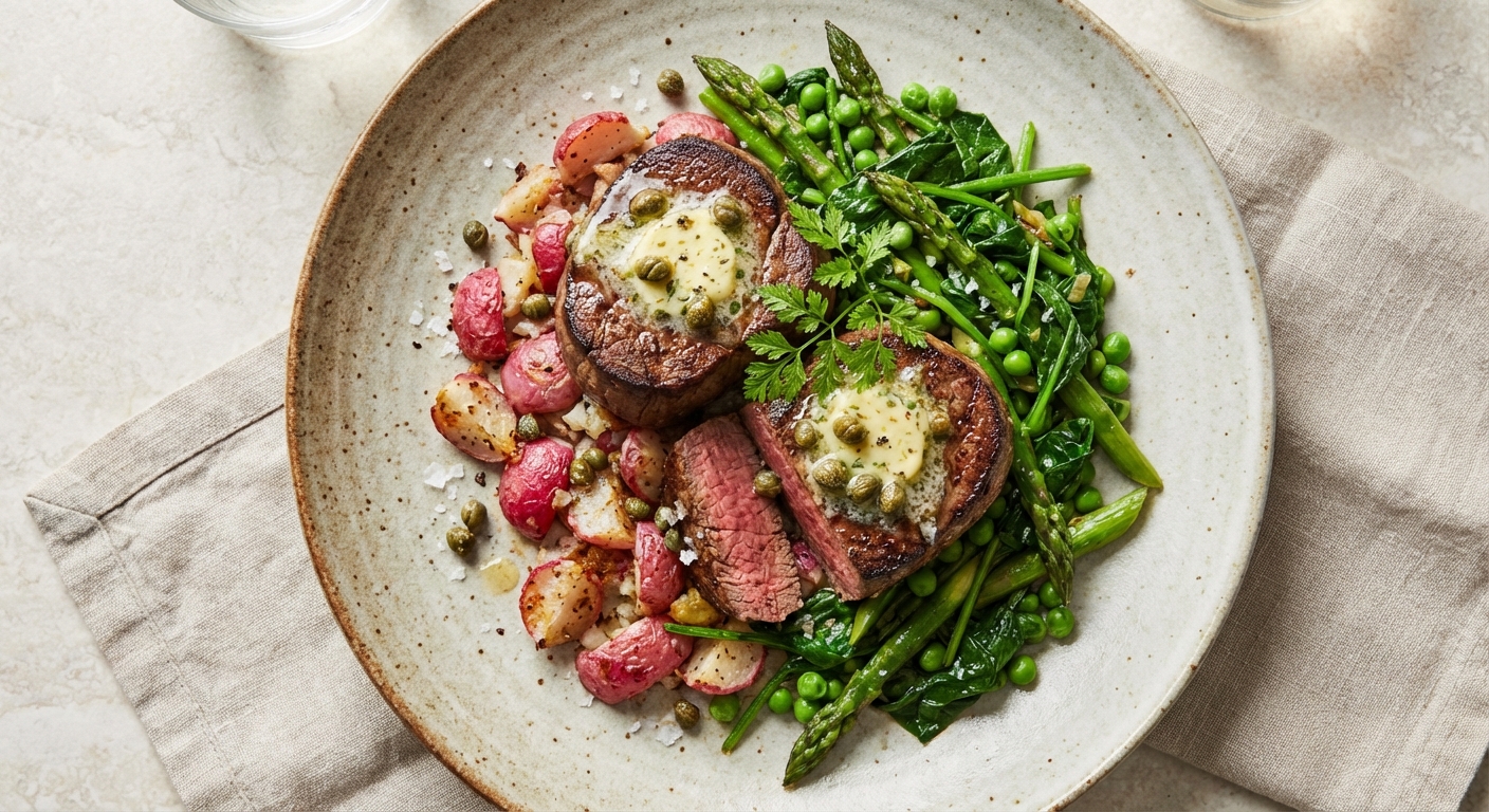 Quick Pan-Seared Beef Medallions with Mustard–Caper Butter, Roasted Radish 'Smash' and Sautéed Spring Greens - Delicious Homemade Recipe