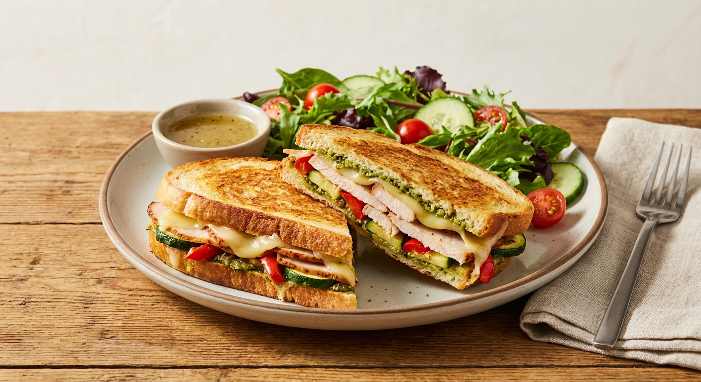 Turkey & Veggie Panini with Pesto and Side Salad