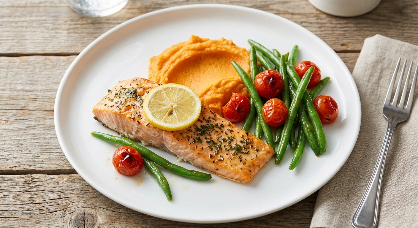 Baked Salmon with Mashed Sweet Potato & Sautéed Green Beans