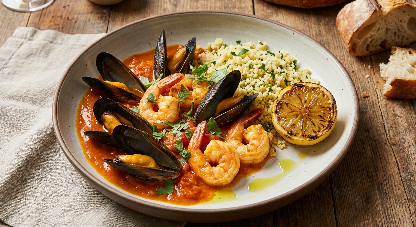 Saffron Tomato‑Braised Mussels & Shrimp with Herbed Couscous and Charred Lemon