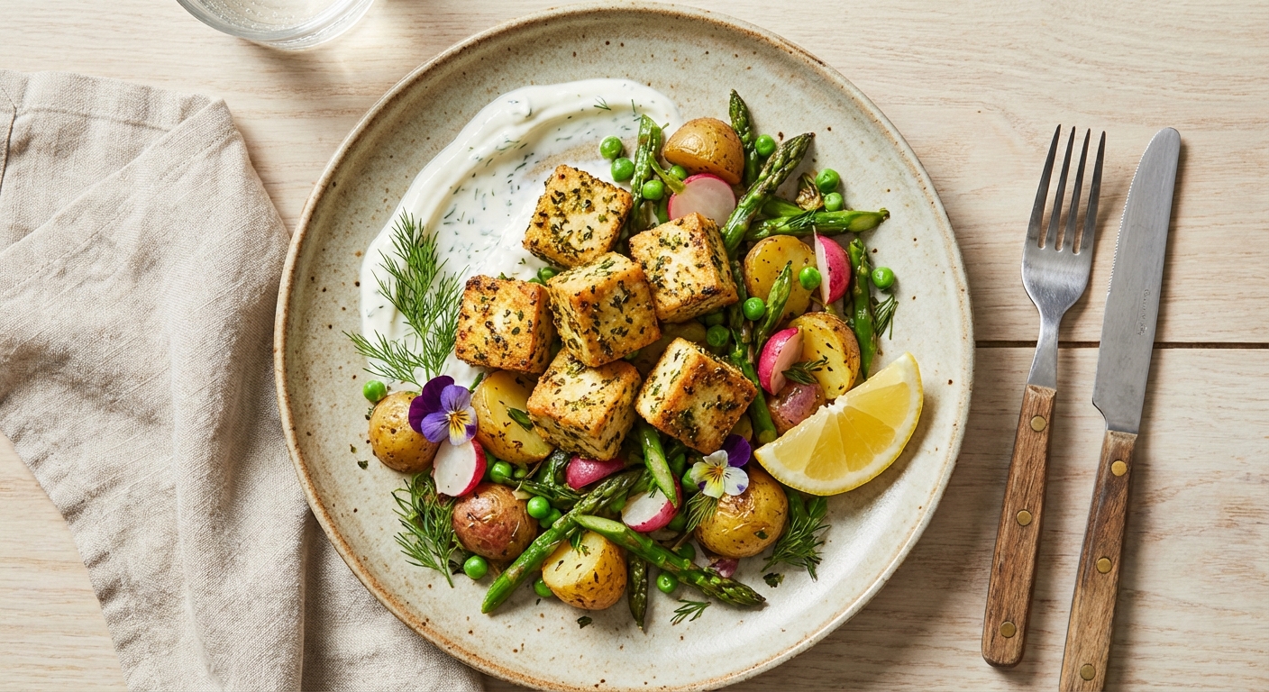 Crispy Herbed Tofu & Spring Potato Hash with Lemon-Dill Yogurt