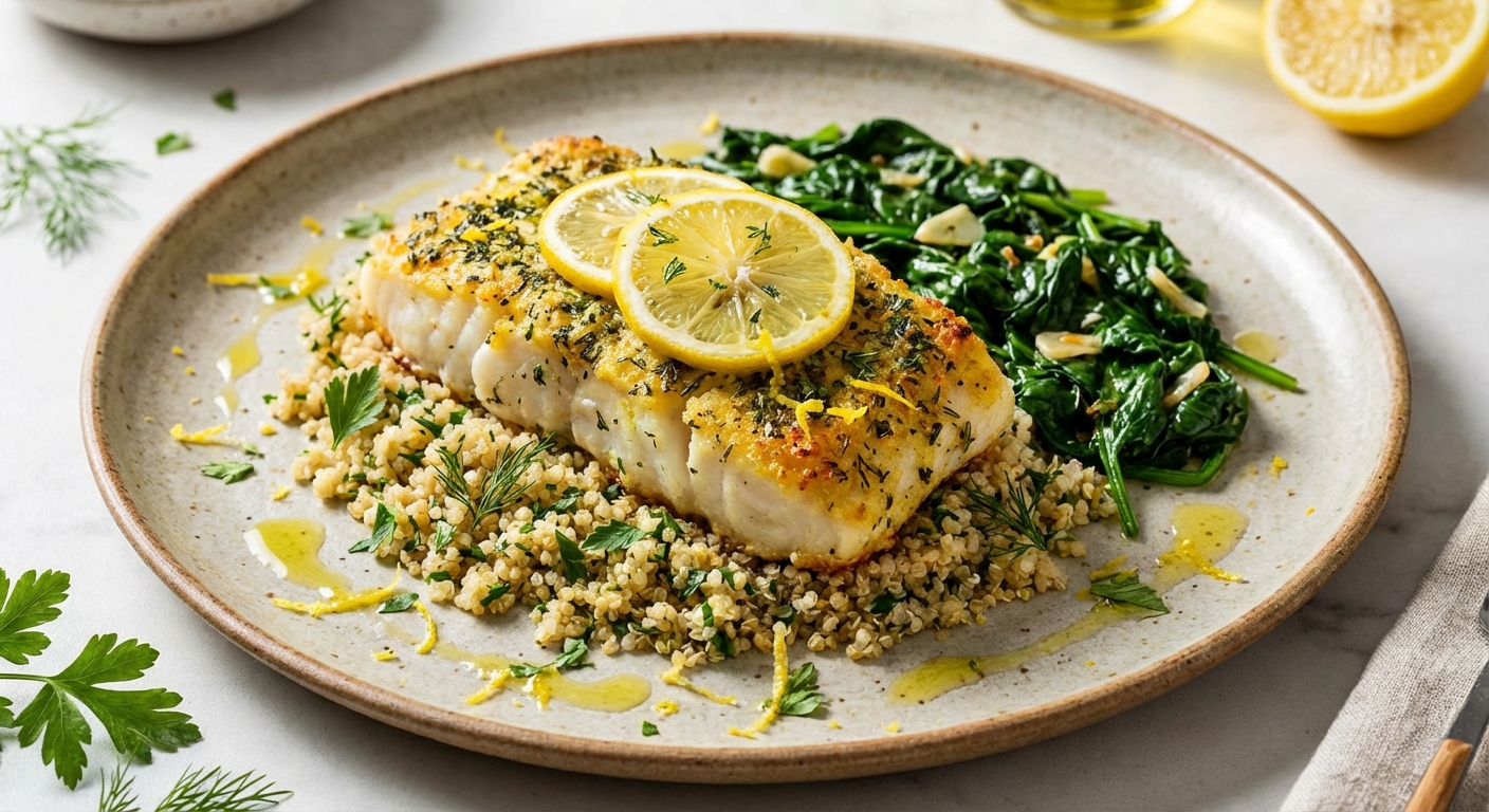 Lemon‑Herb Baked Cod with Herb Quinoa & Sautéed Spinach