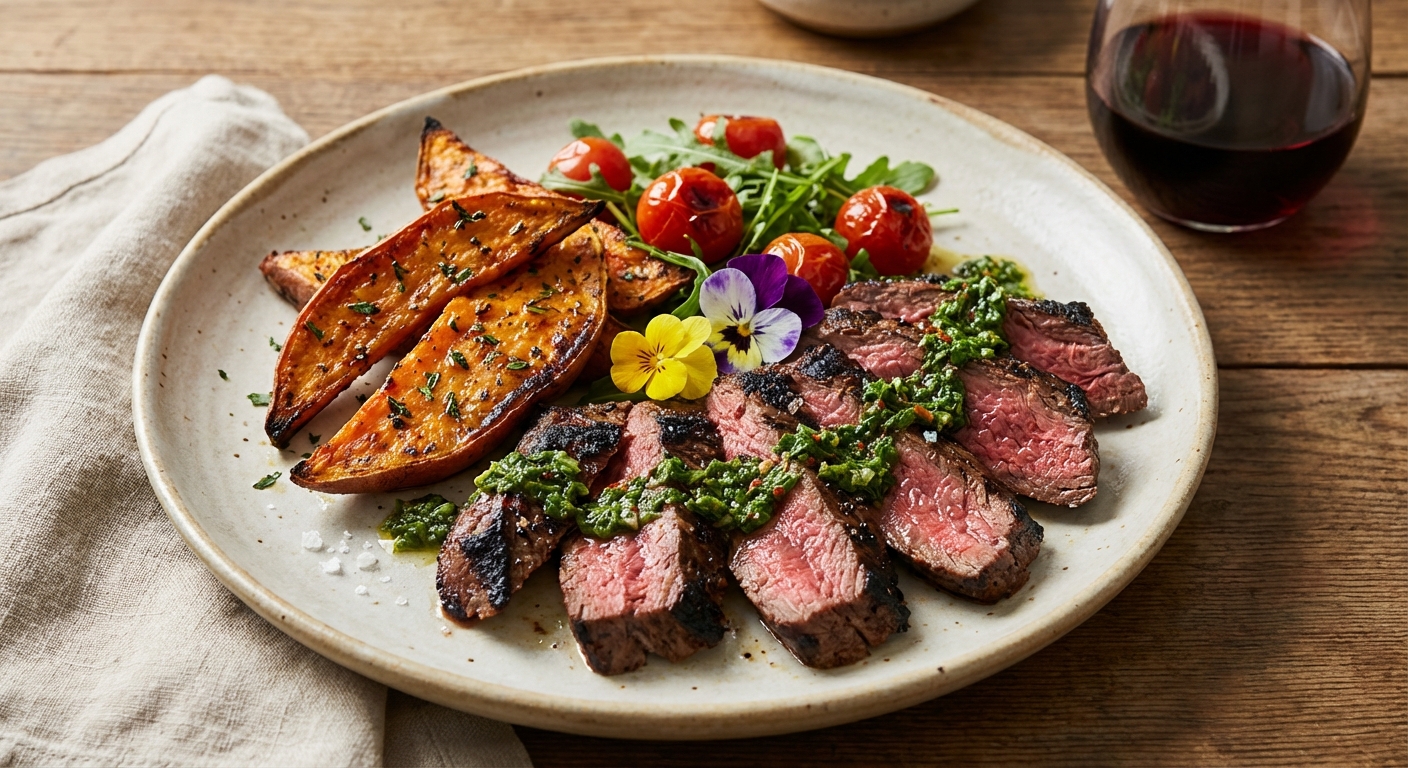 Grilled Skirt Steak with Chimichurri & Roasted Sweet Potato
