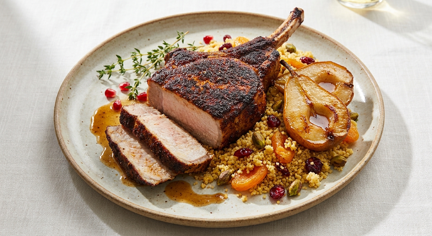 Ancho-Rubbed Pork Chop with Roasted Pears & Spiced Couscous