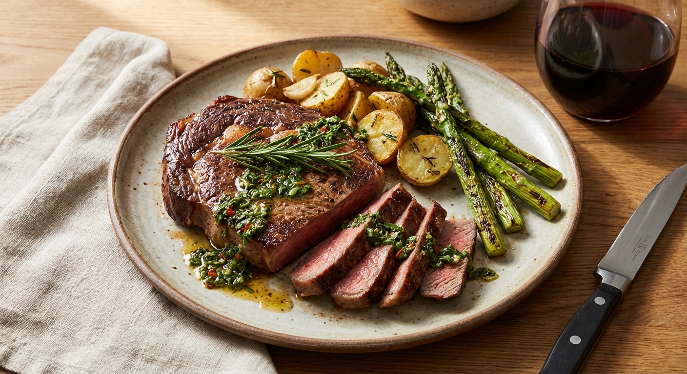 Grilled Steak with Rosemary Roasted Potatoes & Asparagus