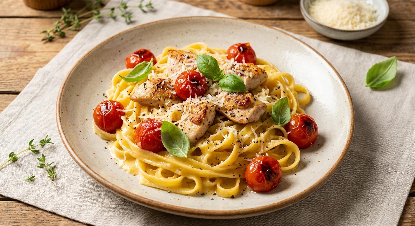 Creamy Garlic Chicken & Tomato Pasta (Egg-Enriched, Parmesan Carbonara-Style)