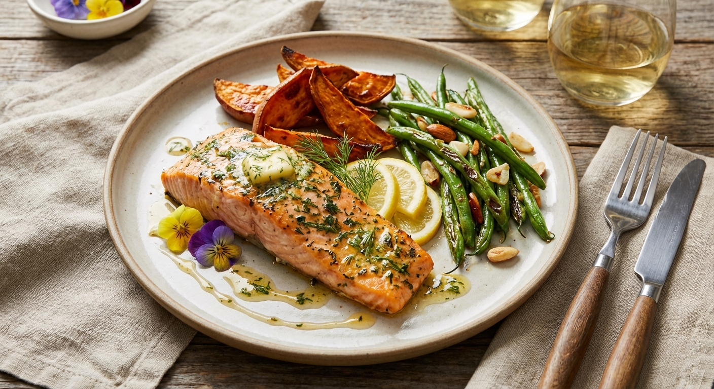 Baked Salmon with Roasted Sweet Potatoes & Garlic Green Beans