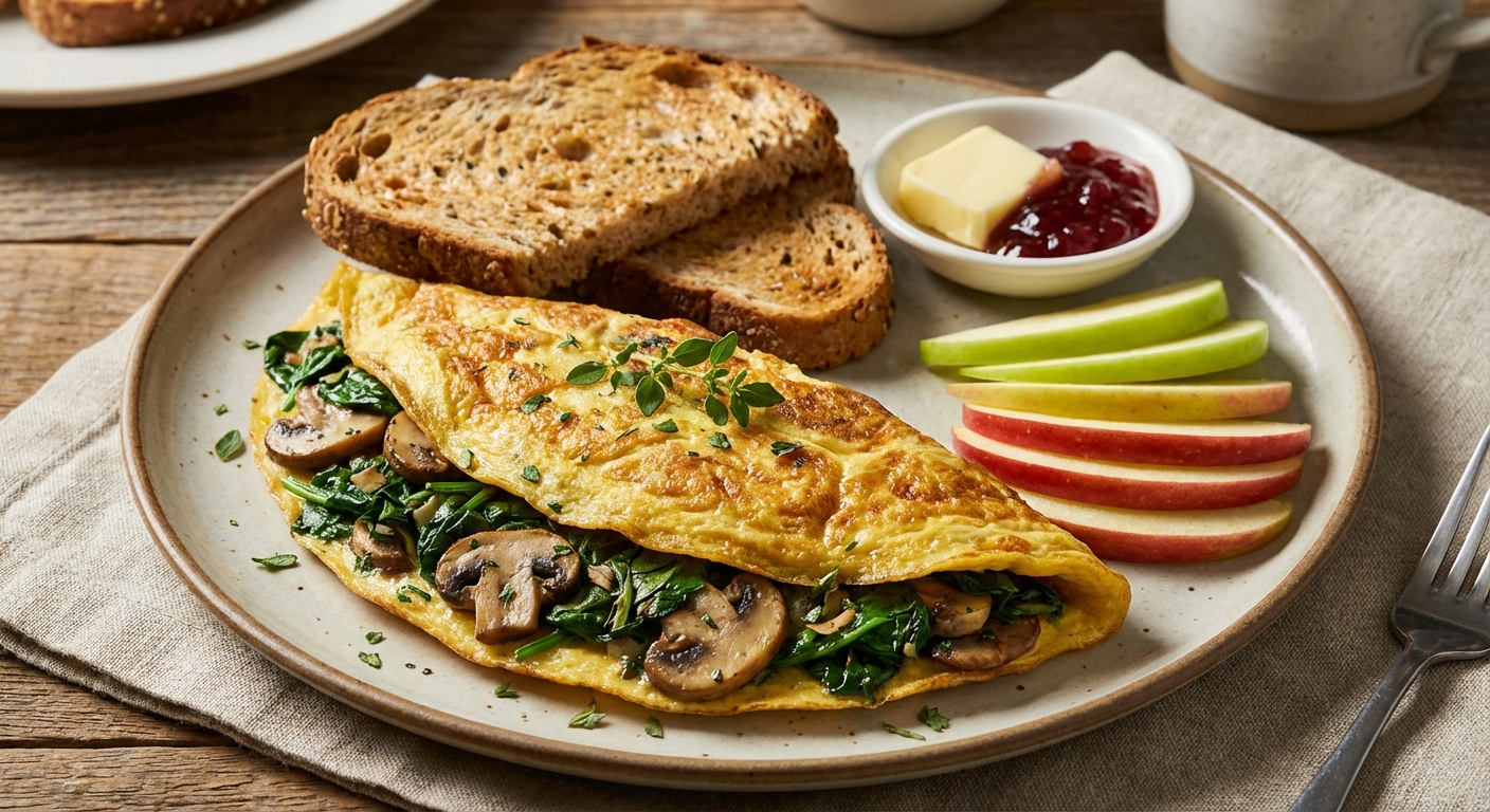 Spinach & Mushroom Omelette with Whole-Grain Toast and Apple
