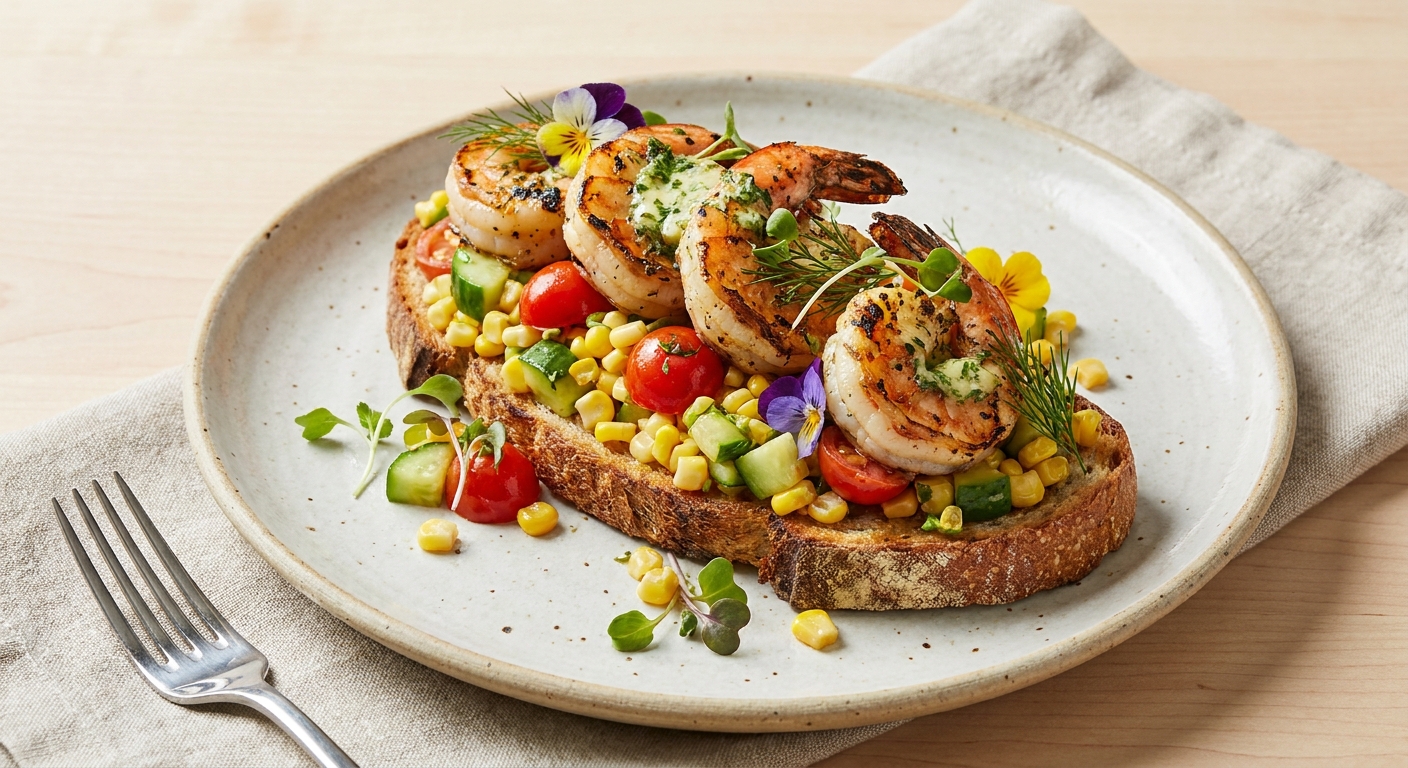 Grilled Lemon-Garlic Shrimp with Sweet Corn & Cucumber Succotash on Toasted Sourdough