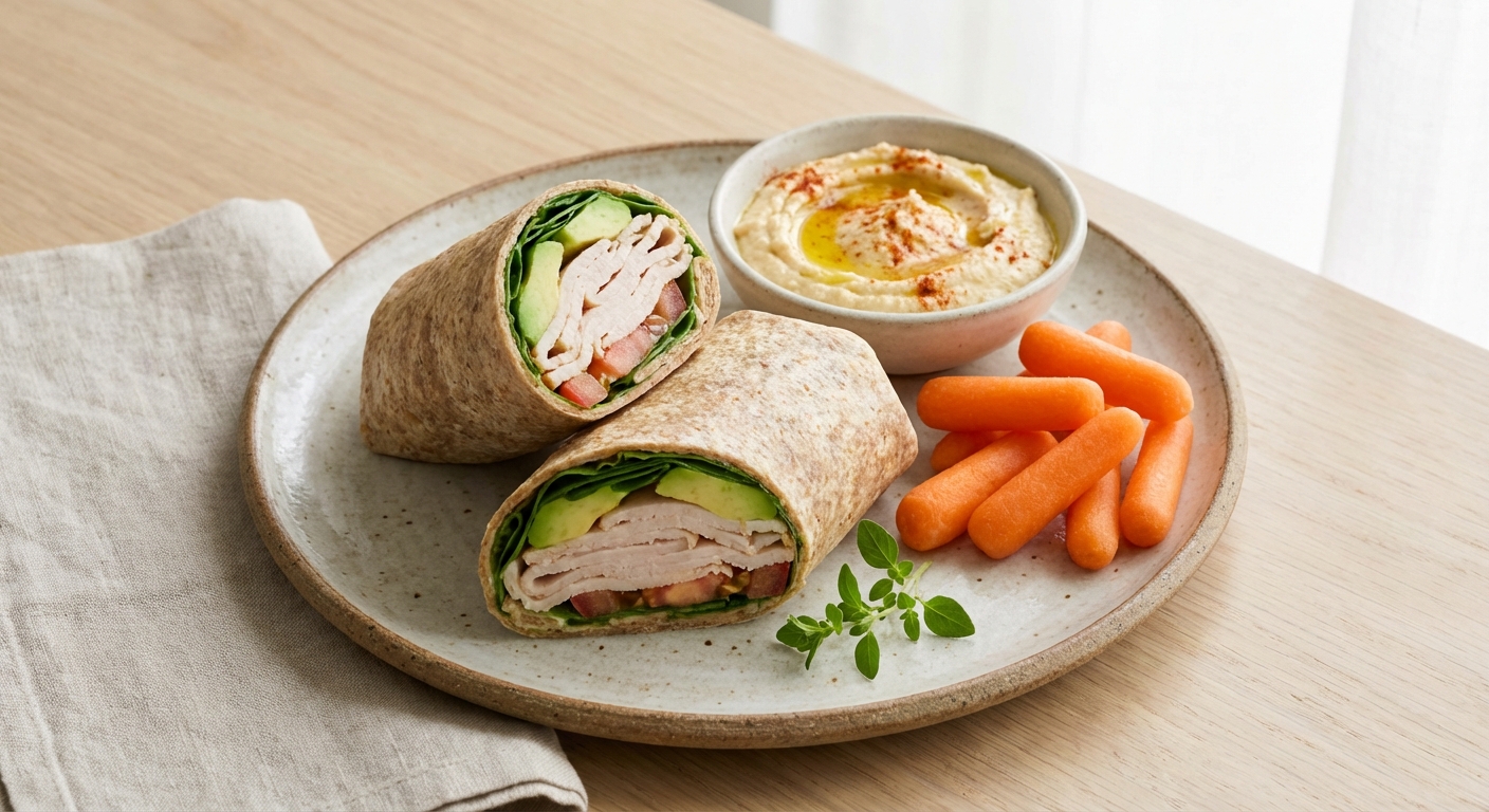 Turkey & Avocado Whole-Wheat Wrap with Baby Carrots & Hummus