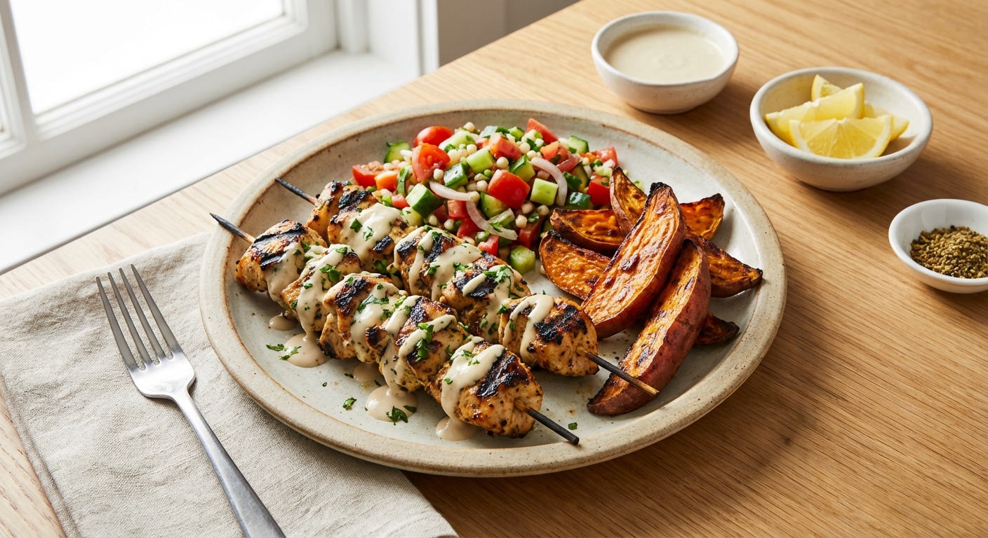 Grilled Chicken Kebabs with Tahini-Lemon Drizzle, Israeli Salad & Roasted Sweet Potato Wedges