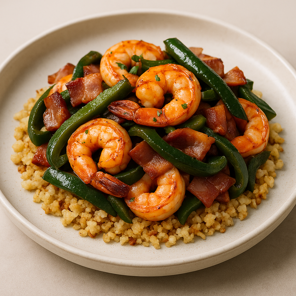 Shrimp Alambre with Bacon & Poblano over Cauliflower Rice