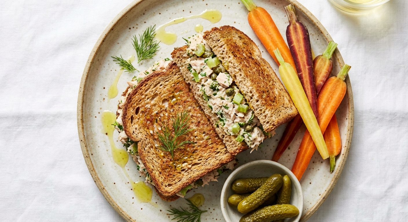 Tuna Salad Sandwich on Whole-Grain Bread with Carrot Sticks