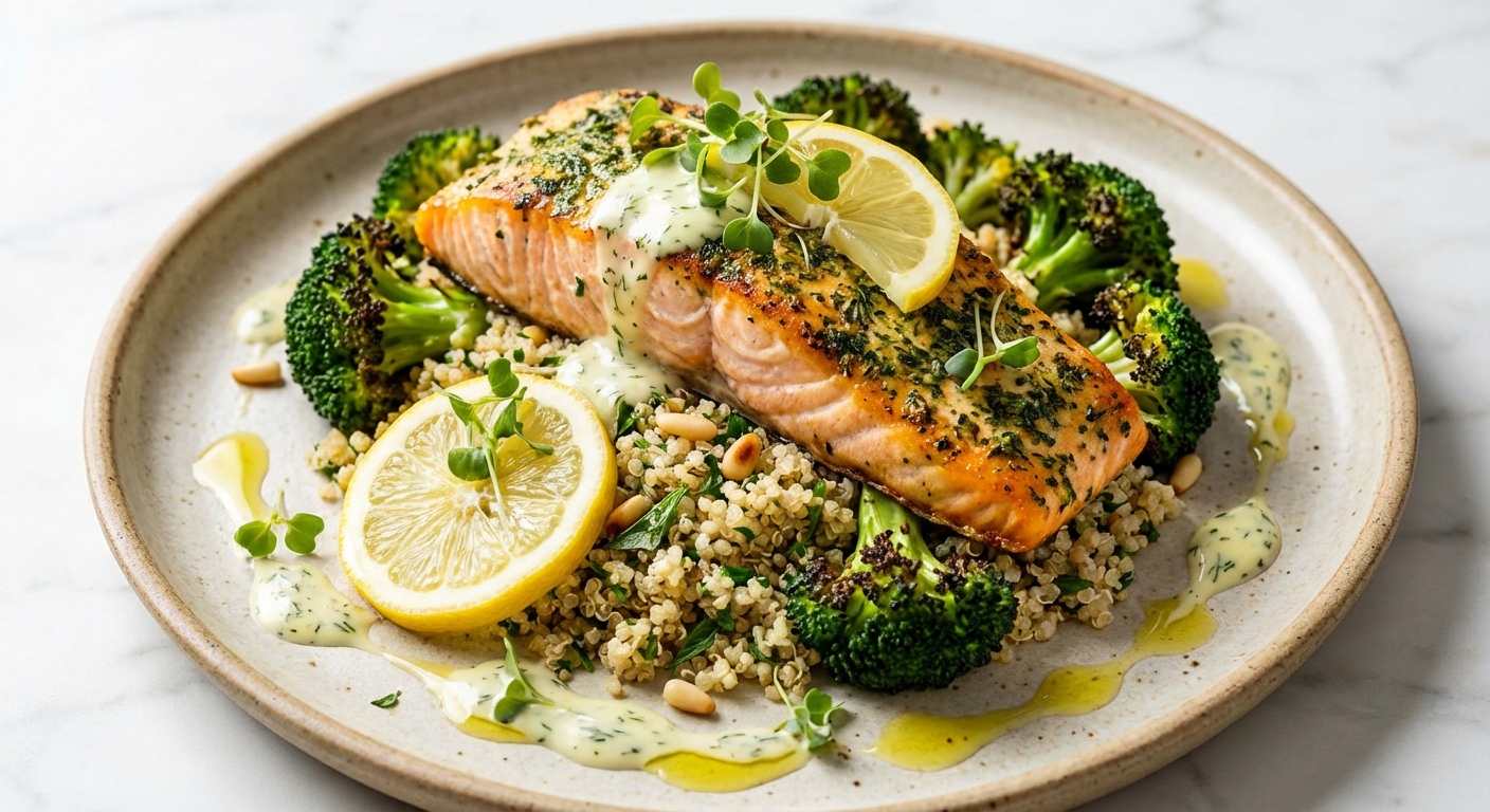 Baked Lemon-Herb Salmon, Quinoa & Roasted Broccoli