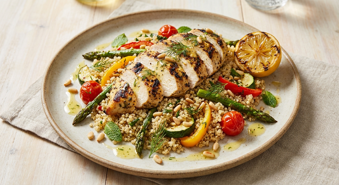 Grilled Lemon Chicken & Quinoa Salad with Roasted Veg