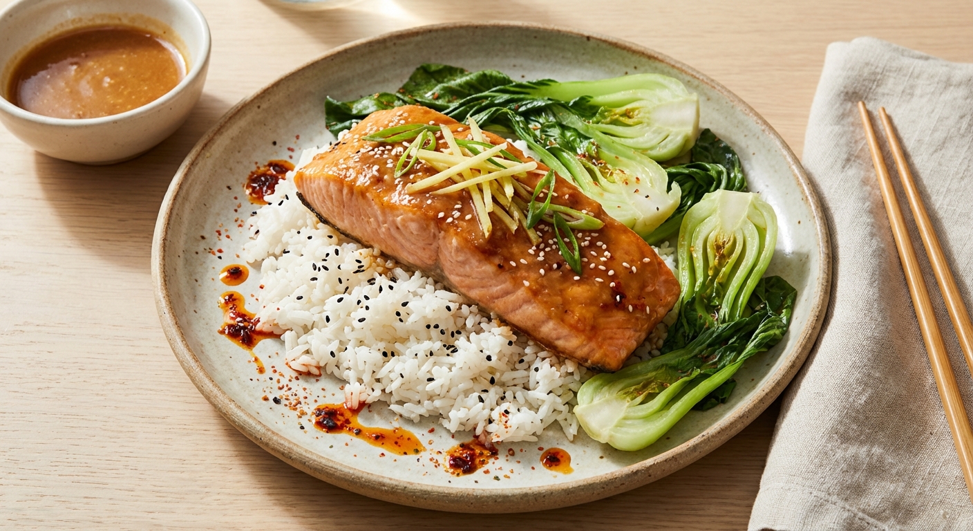 Steamed Miso-Ginger Salmon with Sesame Jasmine Rice & Baby Bok Choy