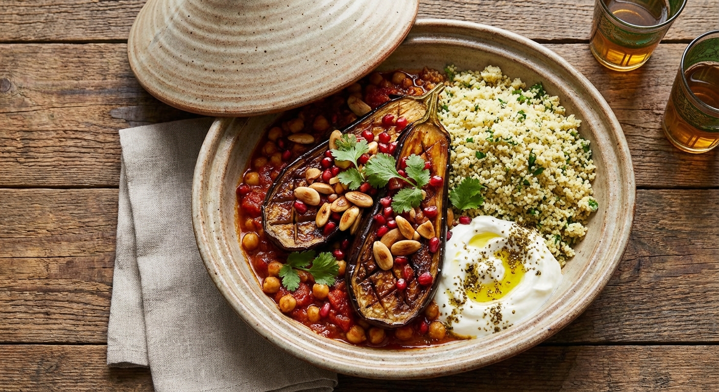 Roasted Eggplant & Chickpea Tagine with Herbed Couscous and Yogurt