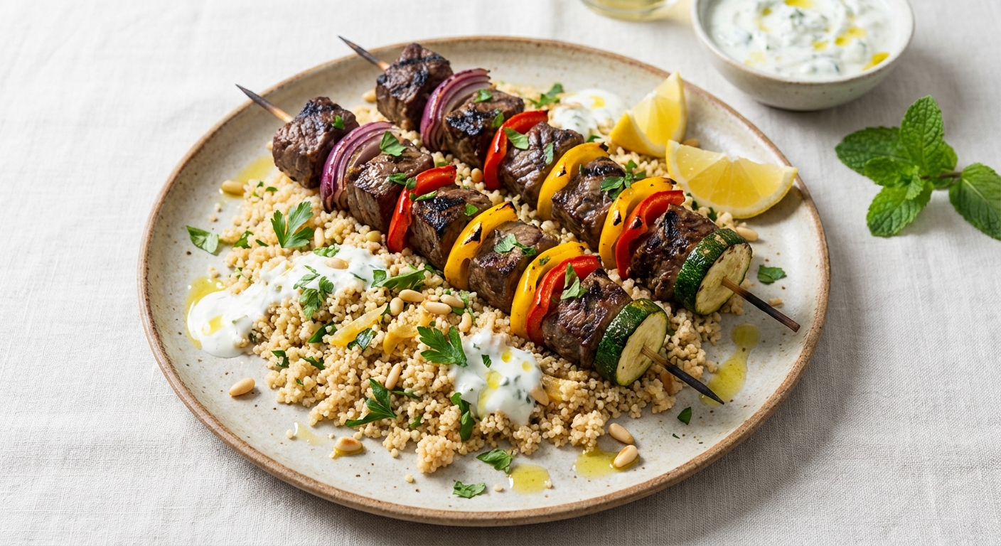 Mediterranean Beef & Vegetable Kebabs with Lemon Whole-Wheat Couscous