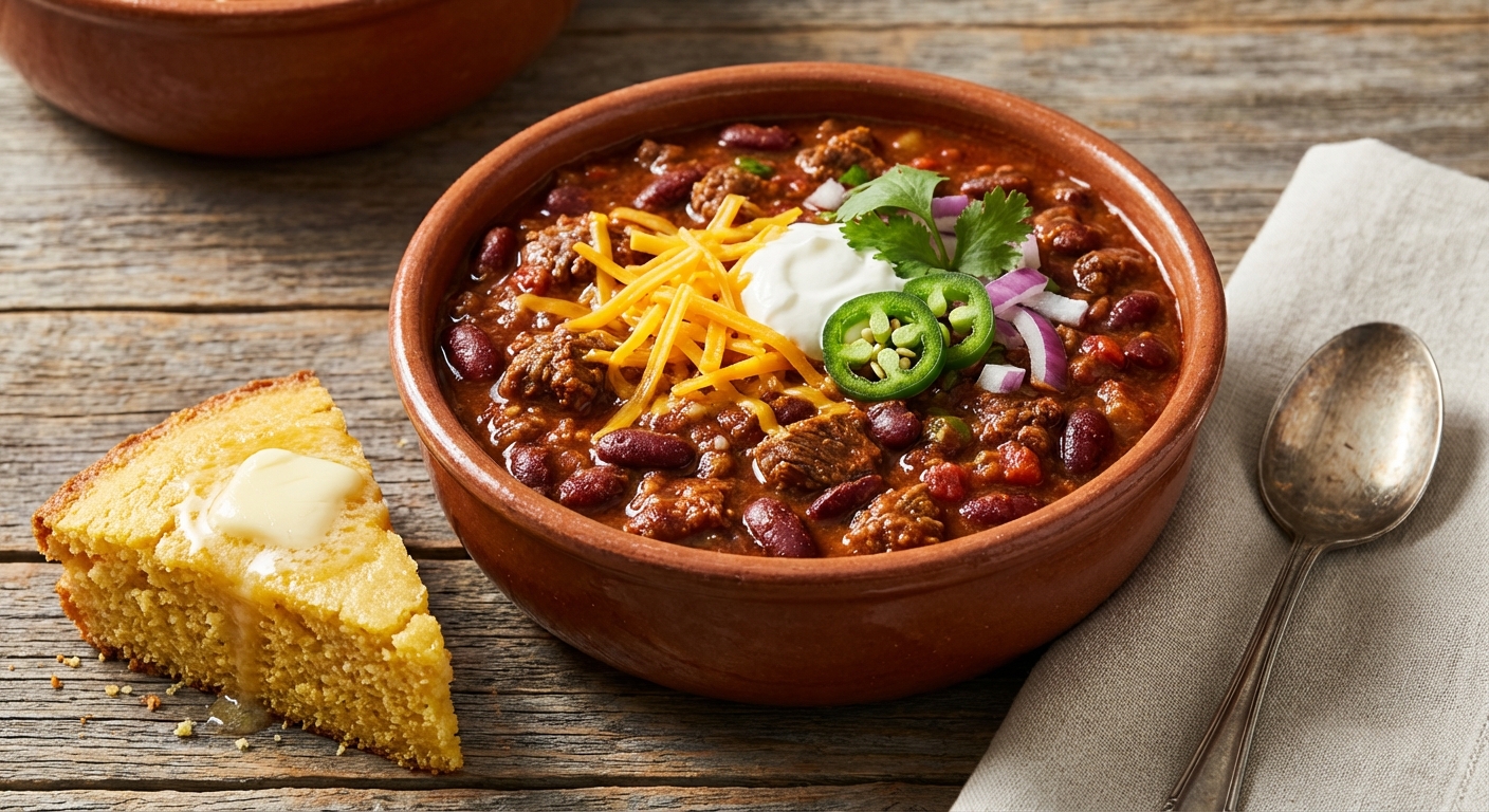 Hearty Beef Chili with Kidney Beans & Cornbread