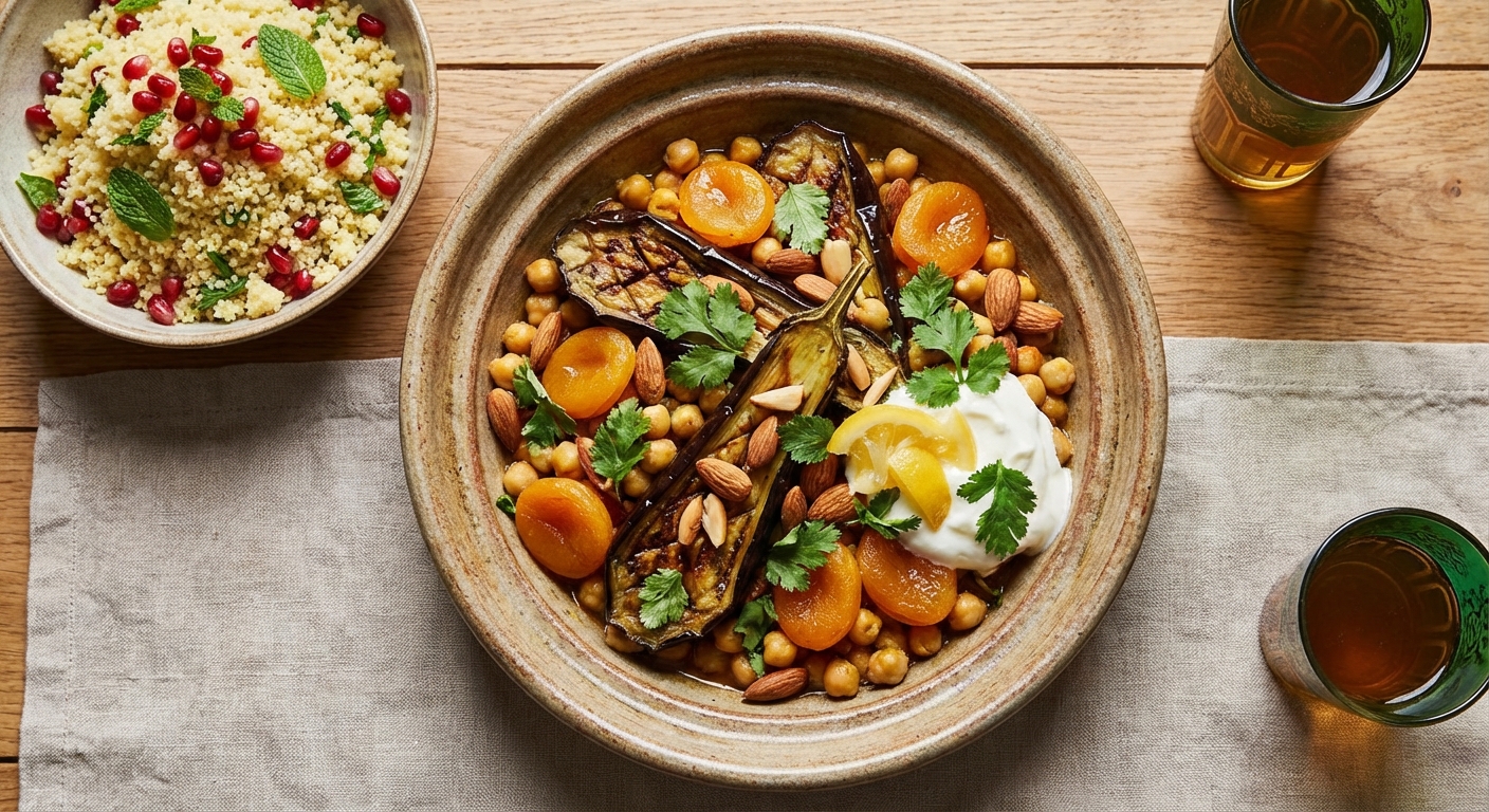 Roasted Eggplant & Chickpea Tagine with Herbed Couscous and Yogurt