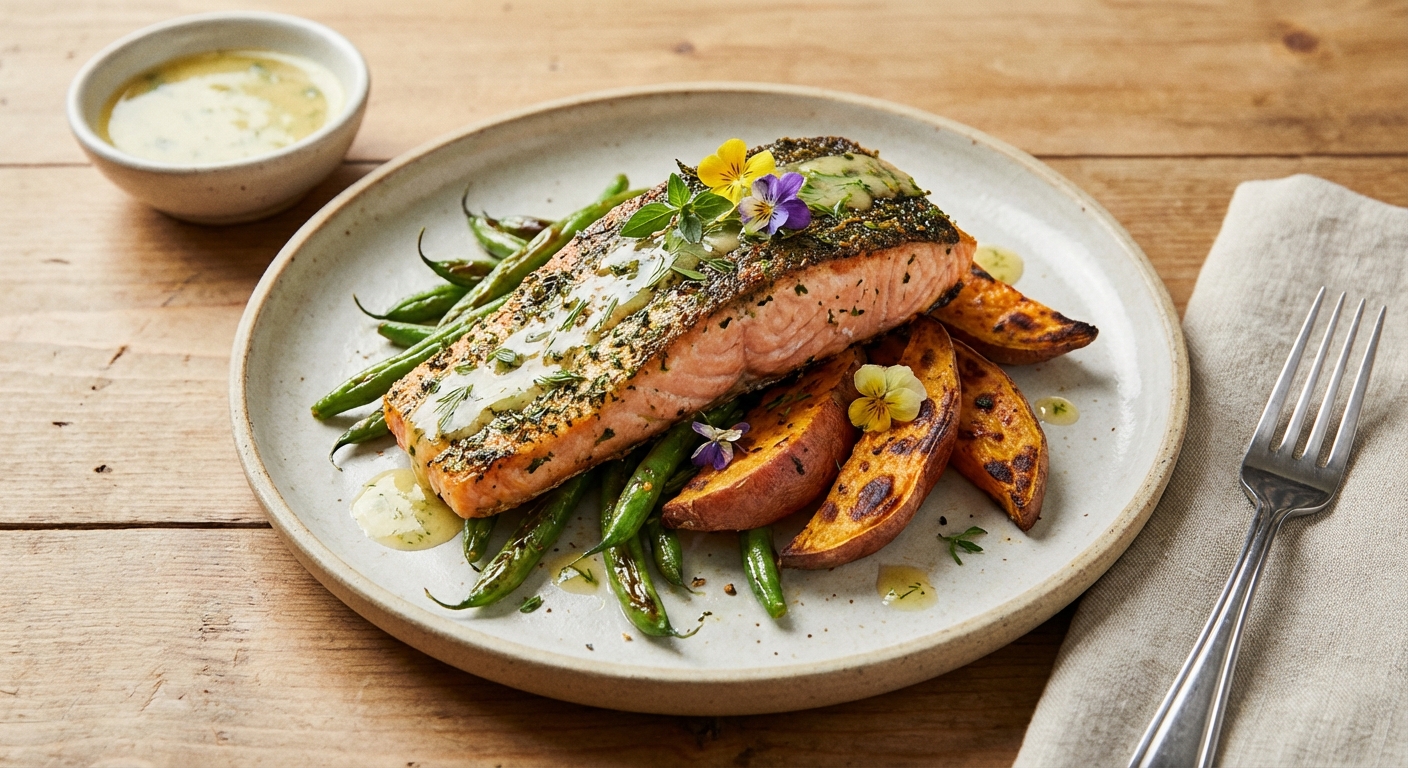 Baked Salmon with Roasted Sweet Potato & Sautéed Green Beans