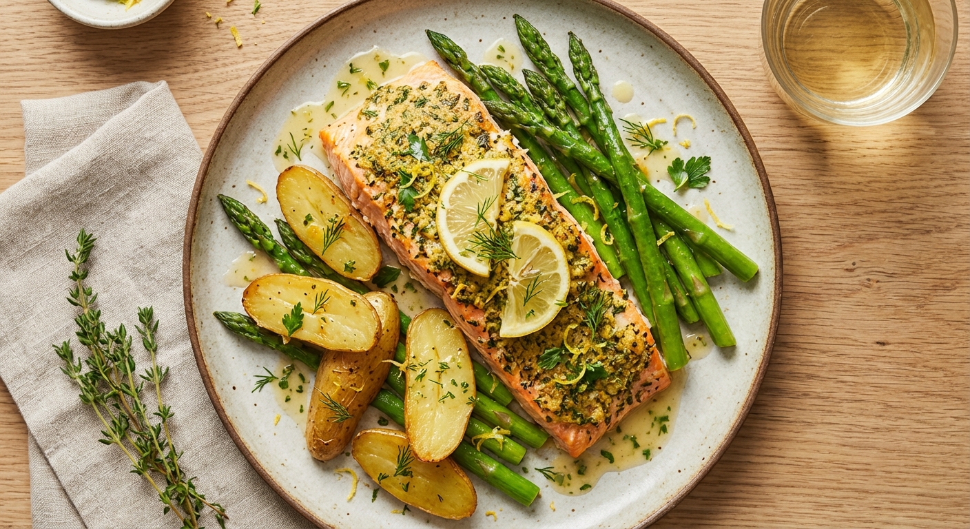 Lemon-Herb Baked Salmon with Roasted Fingerling Potatoes & Steamed Asparagus