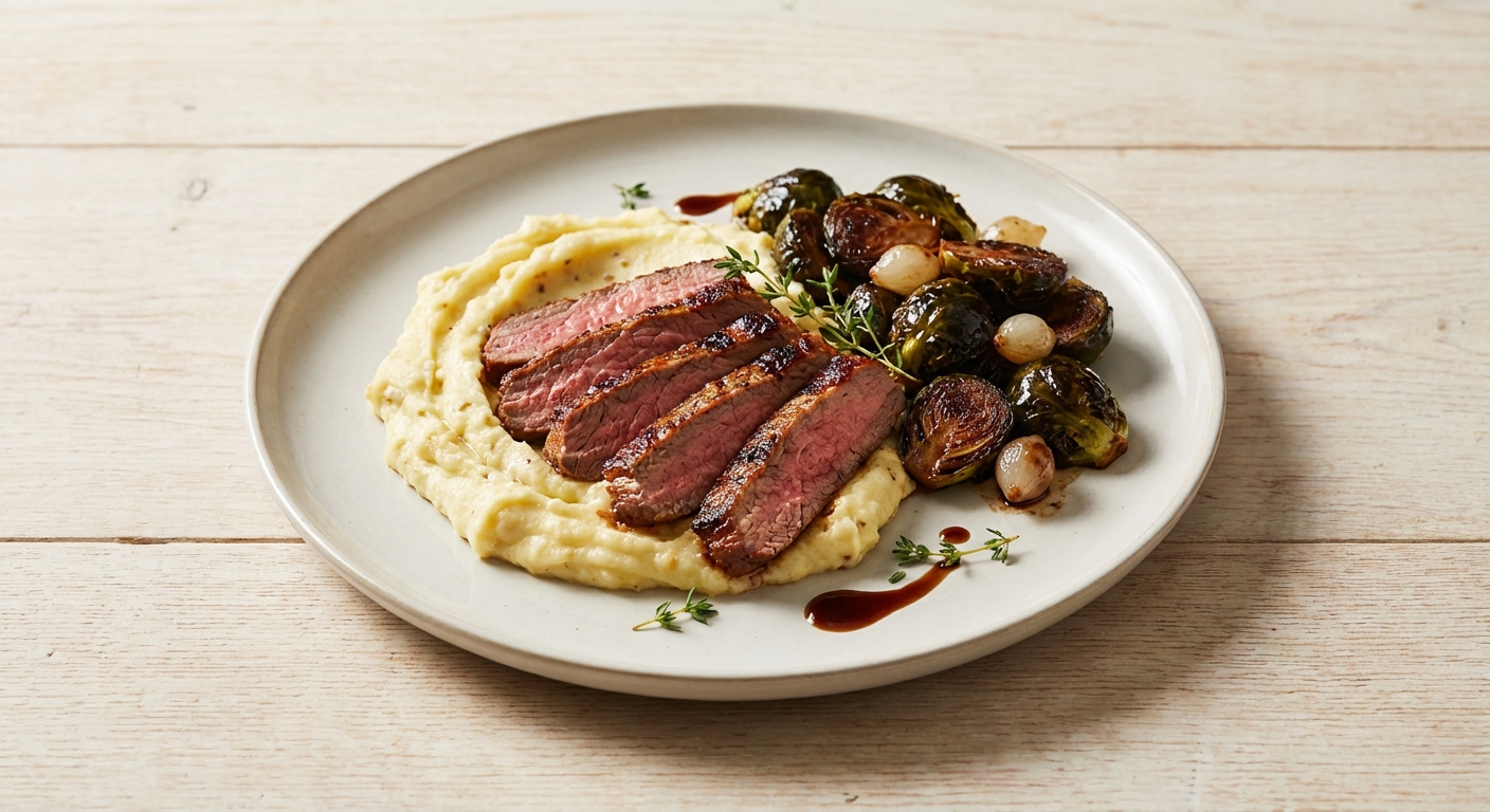 Pan-Seared Flank Steak with Mustard Celeriac–Potato Mash & Quick-Braised Balsamic Brussels Sprouts