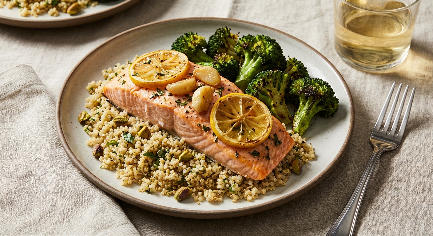 Lemon-Garlic Baked Salmon with Herbed Quinoa and Roasted Broccoli