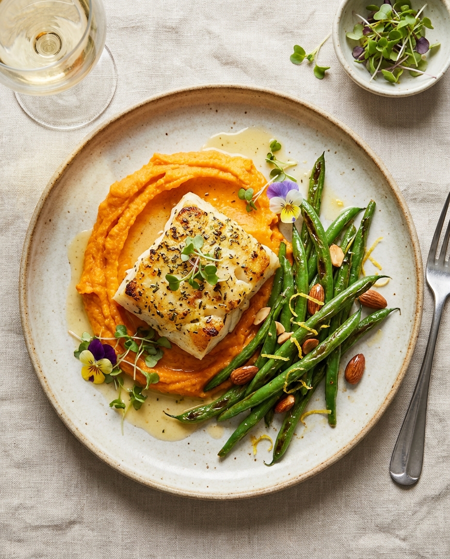 Baked Cod with Sweet Potato Mash & Green Beans
