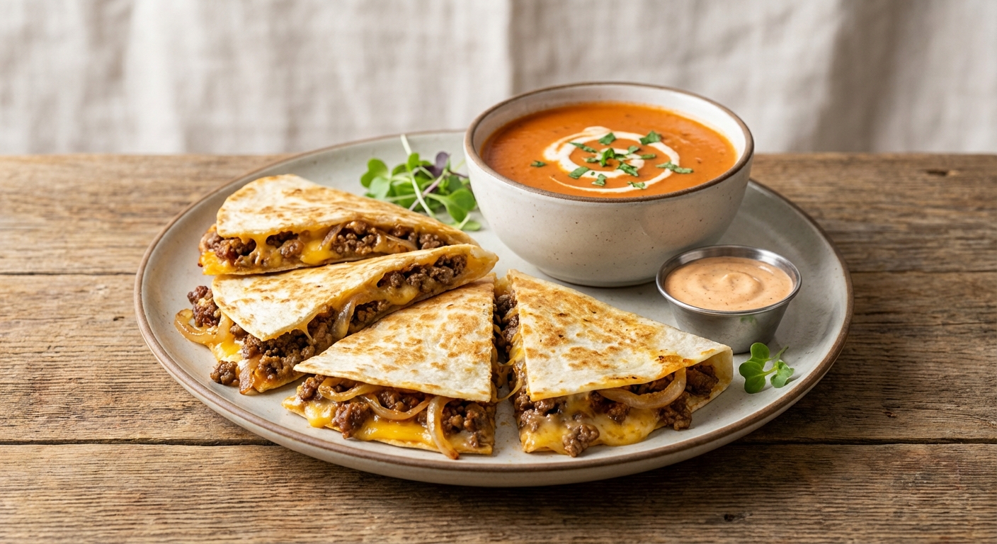 Burger Quesadilla with Tomato Soup