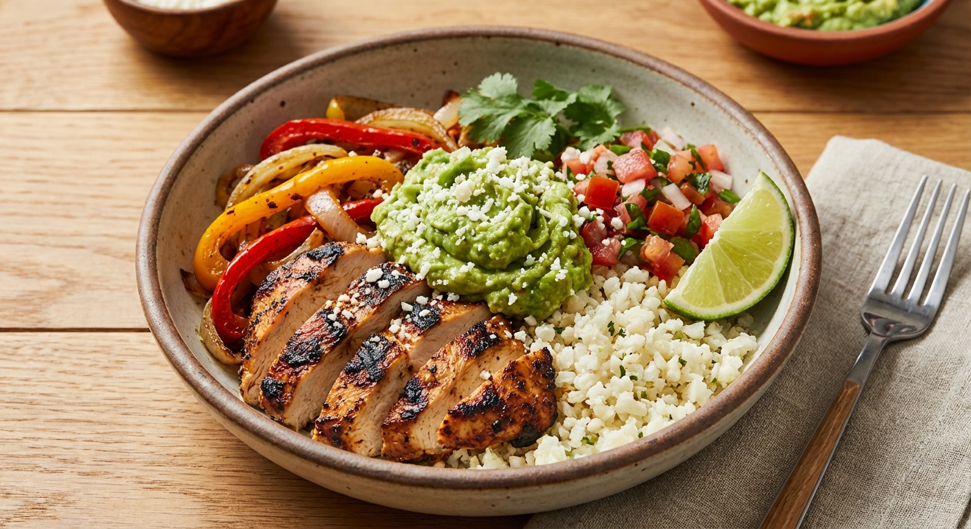Mexican Chicken Fajita Bowl with Guacamole and Cauliflower Rice