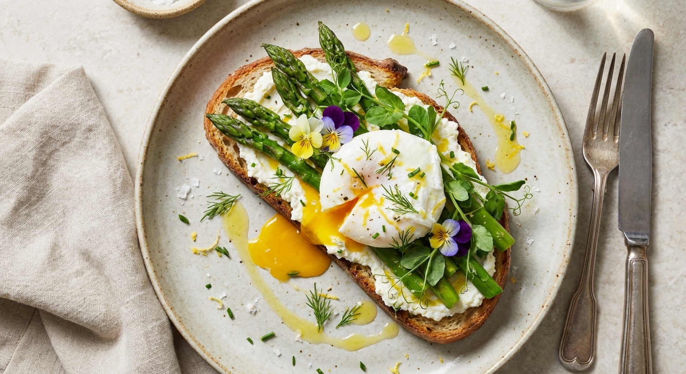 Lemon-Herb Ricotta Toast with Soft-Poached Eggs, Blanched Asparagus & Pea Shoots