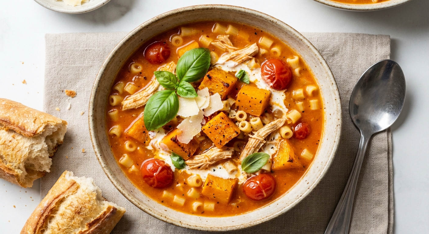 Butternut Chicken Tomato Pasta Soup